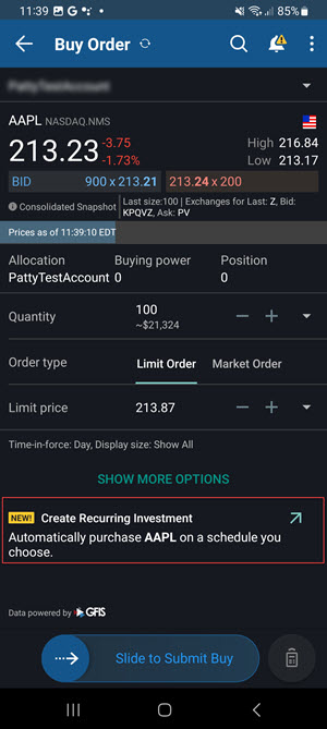 The recurring investment option on the Android Phone